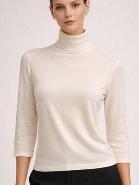 Tse Womens Cream Fine Wool T-Neck Basic Sweater 3/4 Sleeve Size S GUC